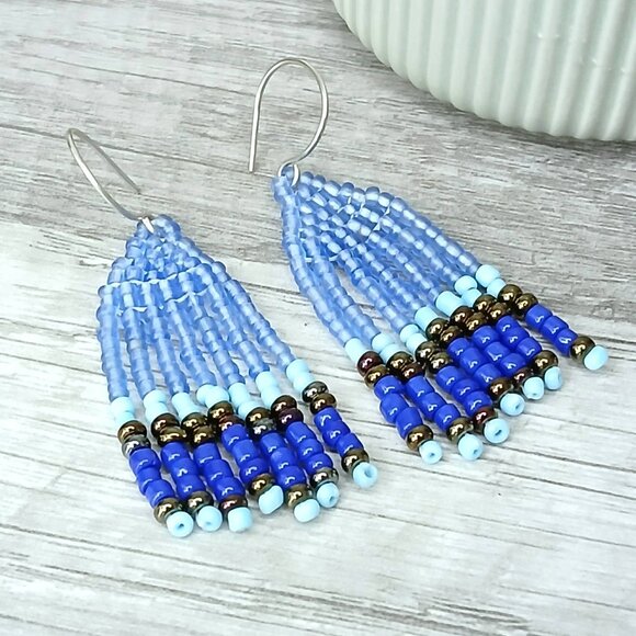 Blue Beaded Fringe Dangle Earrings, 2" - Picture 4 of 6
